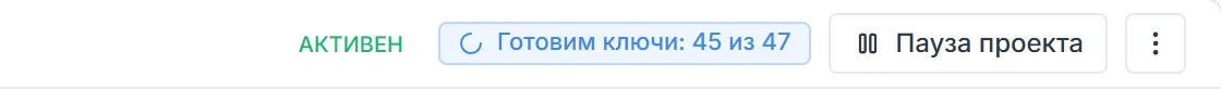 Шапка проекта со статусом Активен и индикатором Готовим ключи 45 из 47