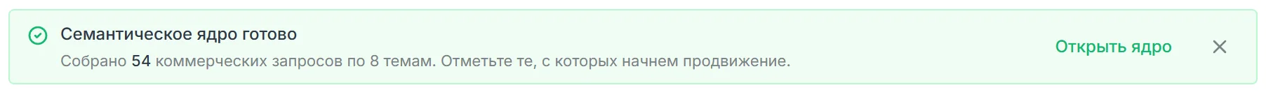 Плашка Семантическое ядро готово: собрано 54 коммерческих запросов по 8 темам, кнопка Открыть ядро